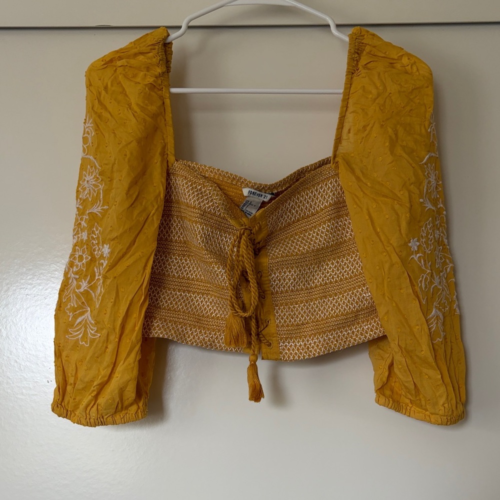 Forever 21 Mustard Yellow Embroidered Cropped Peasant Top